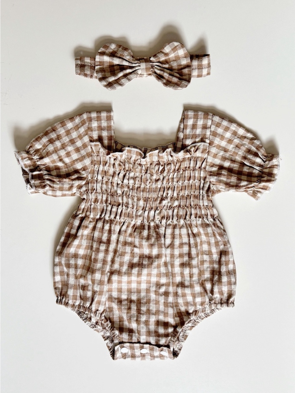 autumn gingham bubble romper • 0-3 3-6 months summer girl • brown white smocked